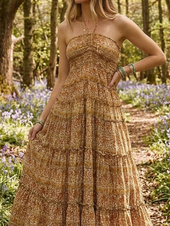 Rust and Ochre Paisley Halter- Midi tiered dress