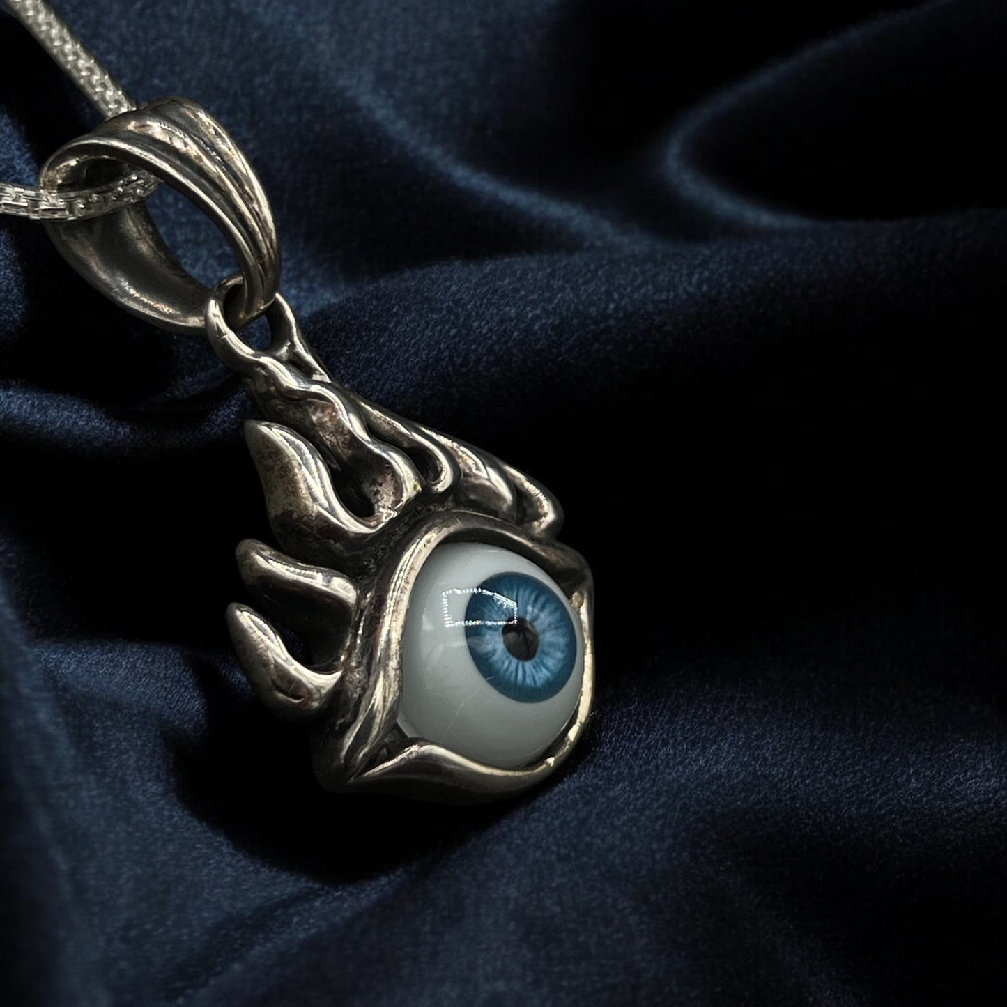 Flaming Evil Eye Pendant – Gothic Sterling Silver Amulet