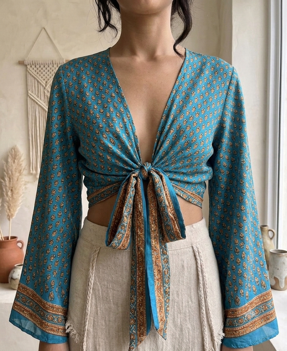 Boho Teal Silk Blend Tie-Front Crop Top | Bell Sleeve Wrap Blouse