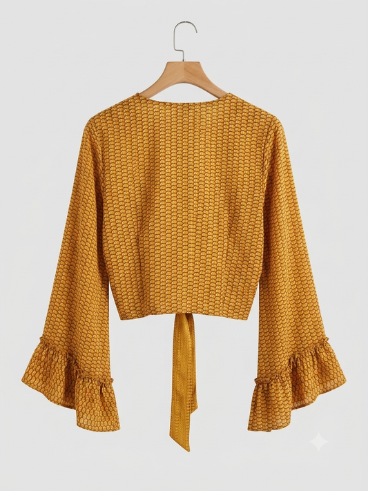 Honey 70s Vintage-Style Tie-Front Top with Bell Sleeves