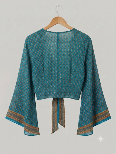 Boho Teal Silk Blend Tie-Front Crop Top | Bell Sleeve Wrap Blouse