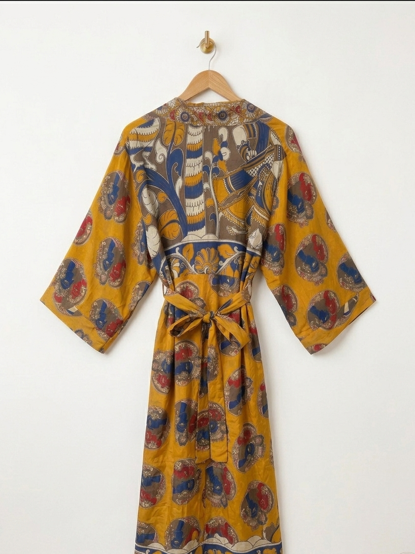 Artisan Printed Kimono Robe in Mustard Yellow