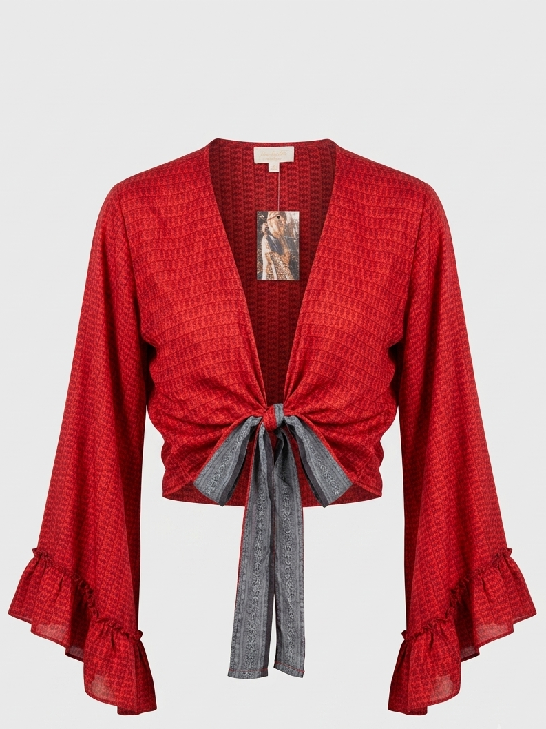 Silk Bell Sleeve Tie Front Top –Red