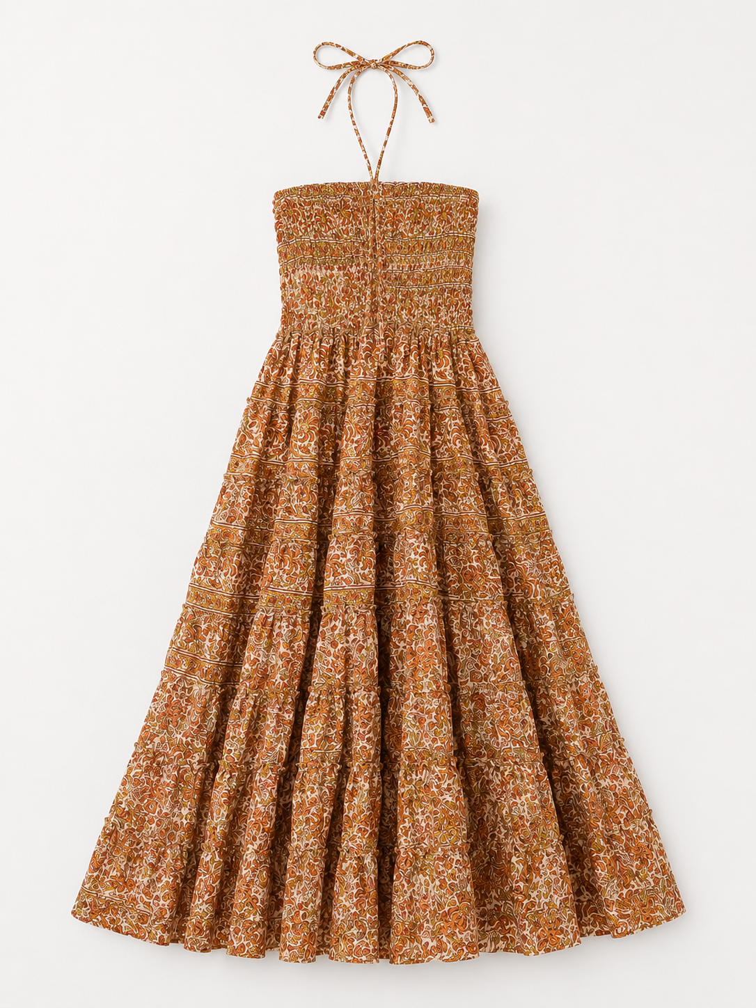 Rust and Ochre Paisley Halter- Midi tiered dress