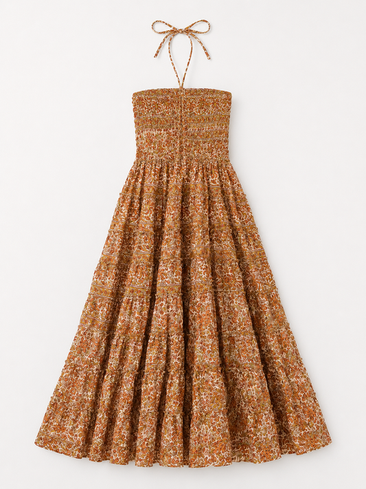 Rust and Ochre Paisley Halter- Midi tiered dress