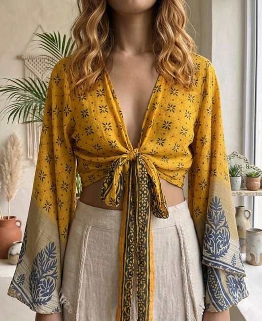 Recycled Silk Sari Tie-Front Crop Top - Solar Yellow Botanical