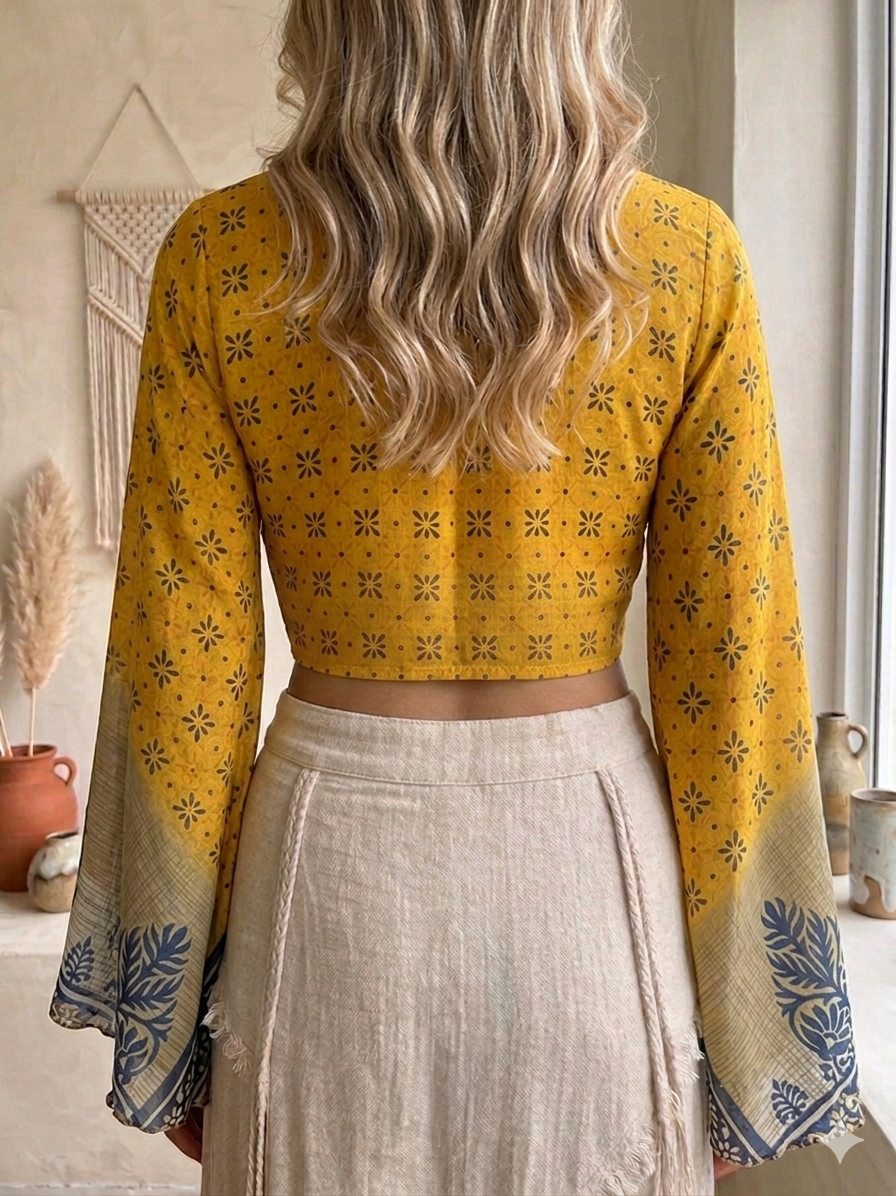 Recycled Silk Sari Tie-Front Crop Top - Solar Yellow Botanical