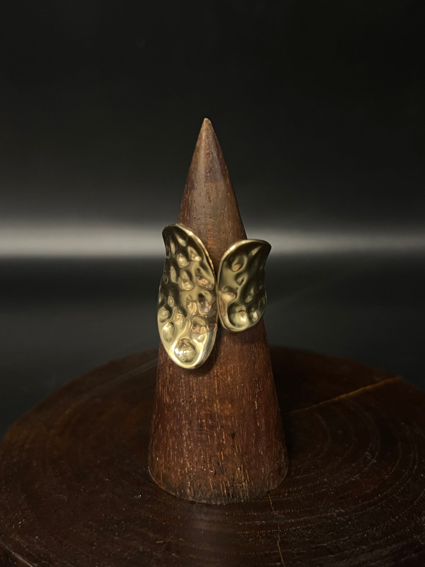 Hammered Brass-Tone Abstract Wing Ring – Textured Statement Band