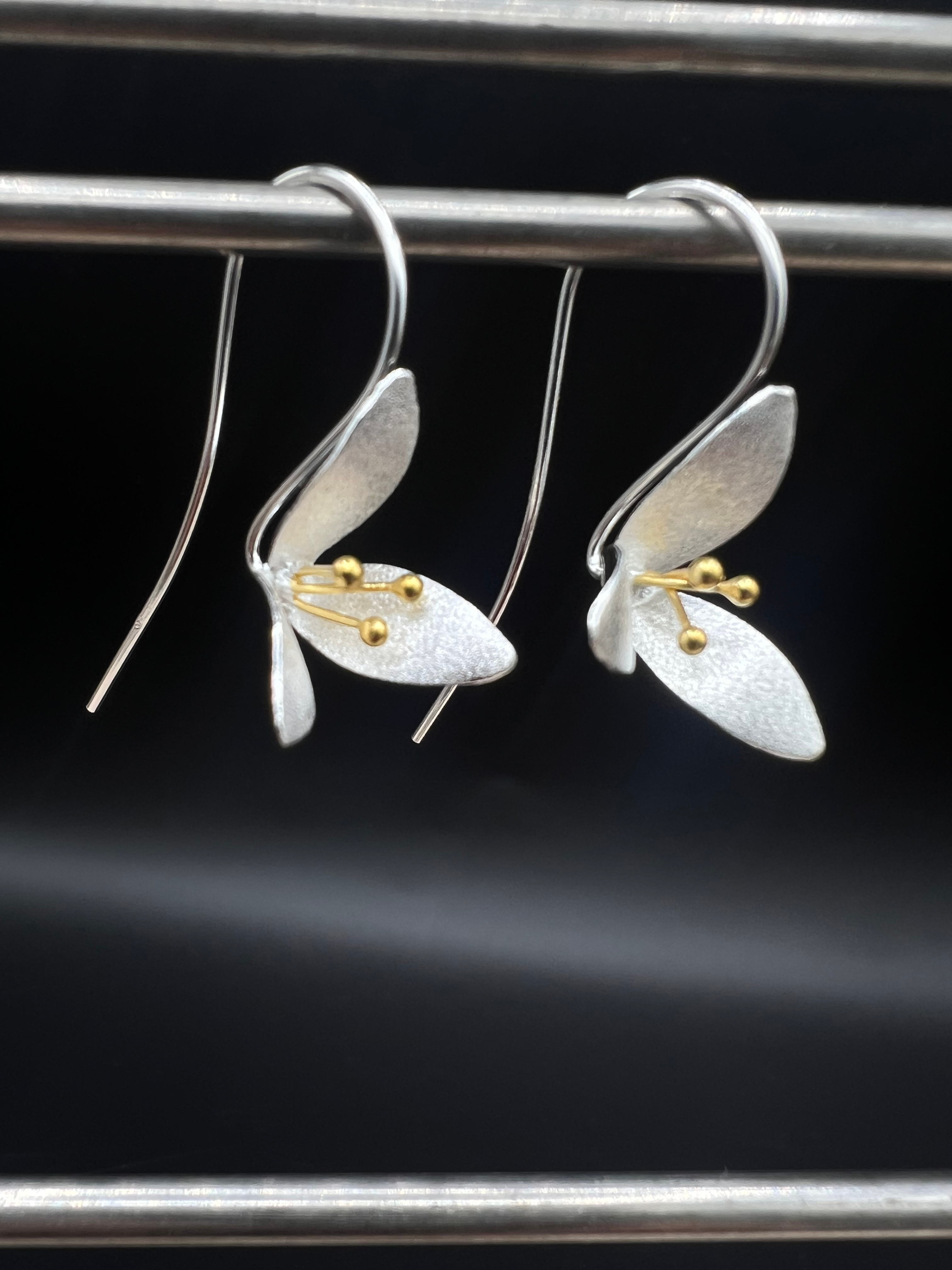 Orchid-Inspired Petal Earrings in Silver | Floral Drop Design