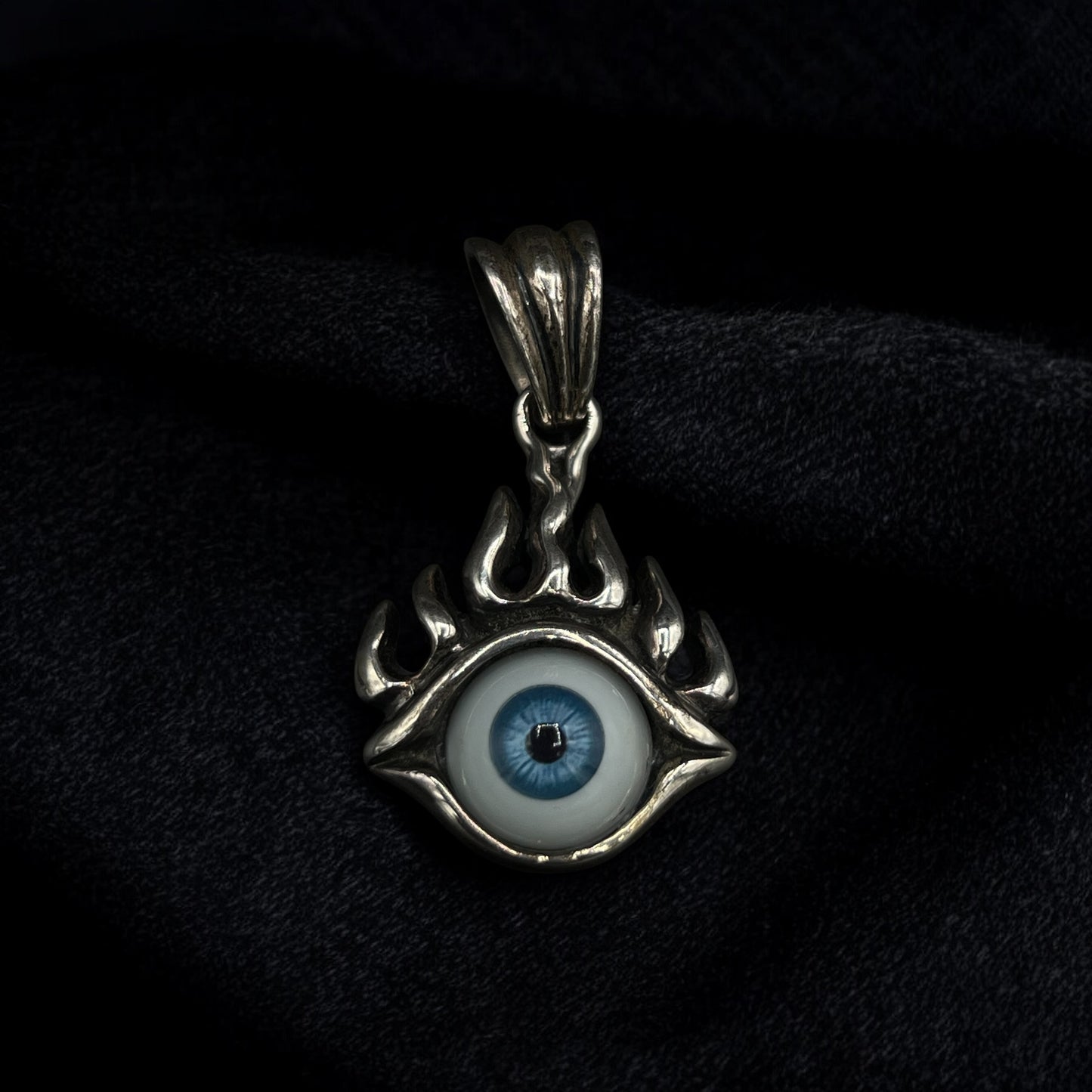 Flaming Evil Eye Pendant – Gothic Sterling Silver Amulet