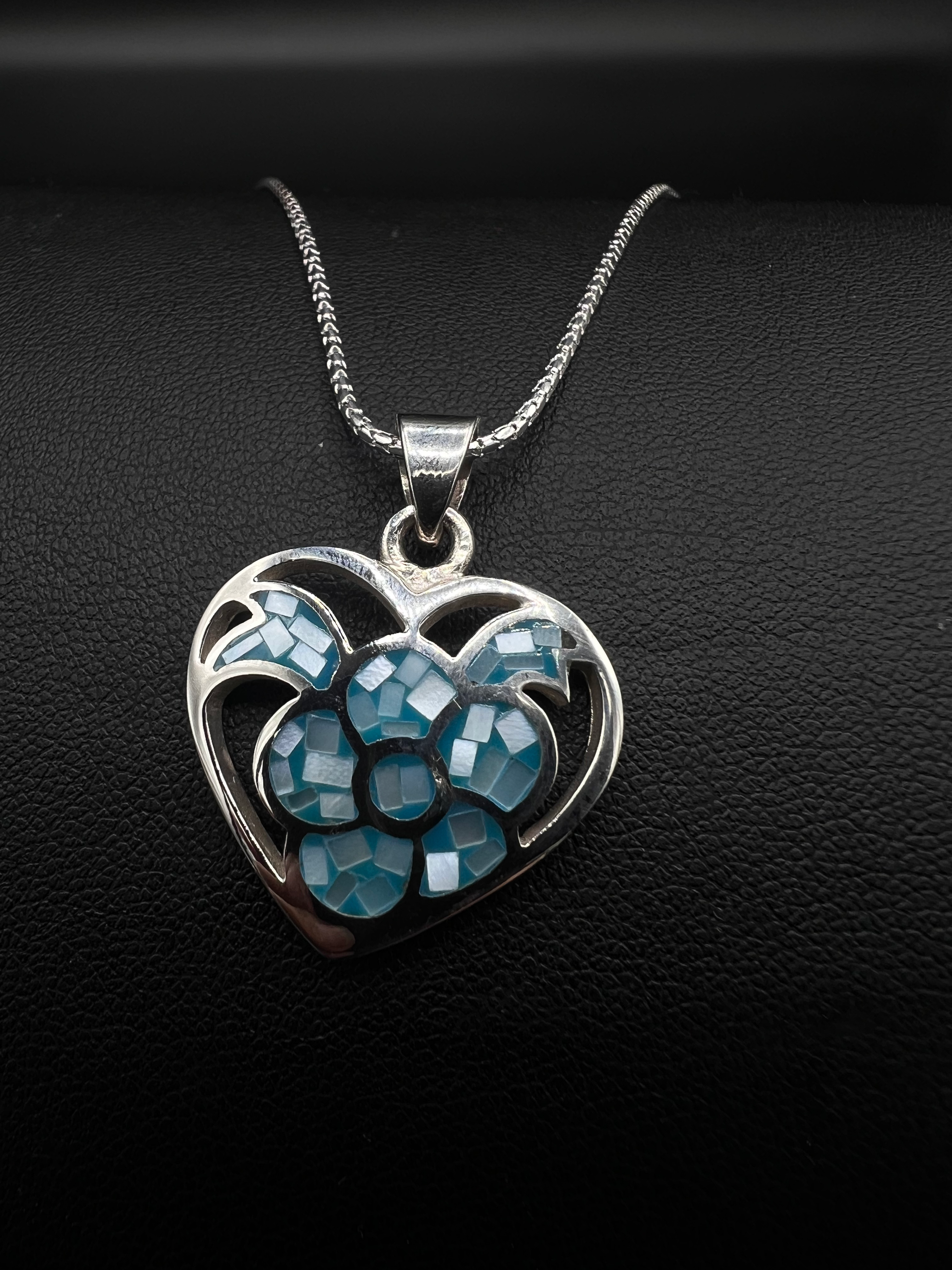 Blue Mosaic Heart Pendant – Sterling Silver Tile Necklace