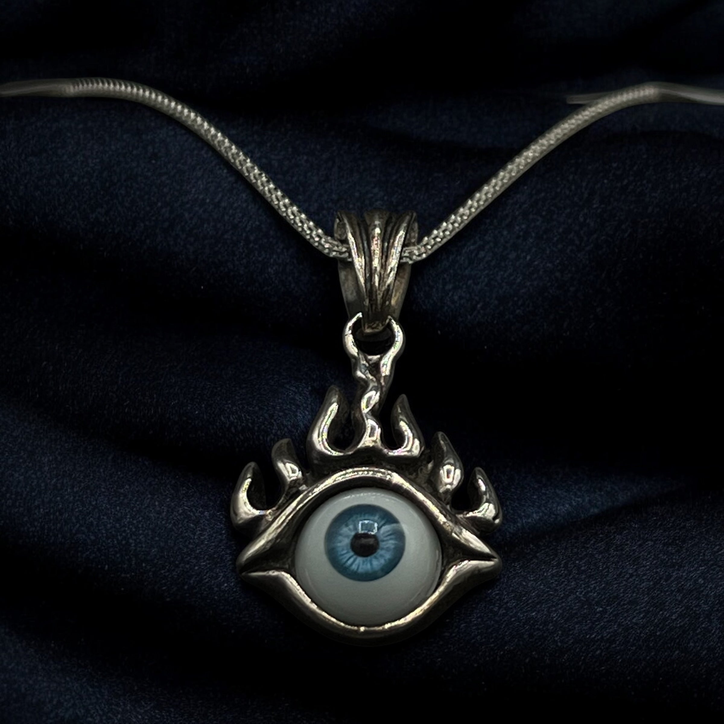 Flaming Evil Eye Pendant – Gothic Sterling Silver Amulet