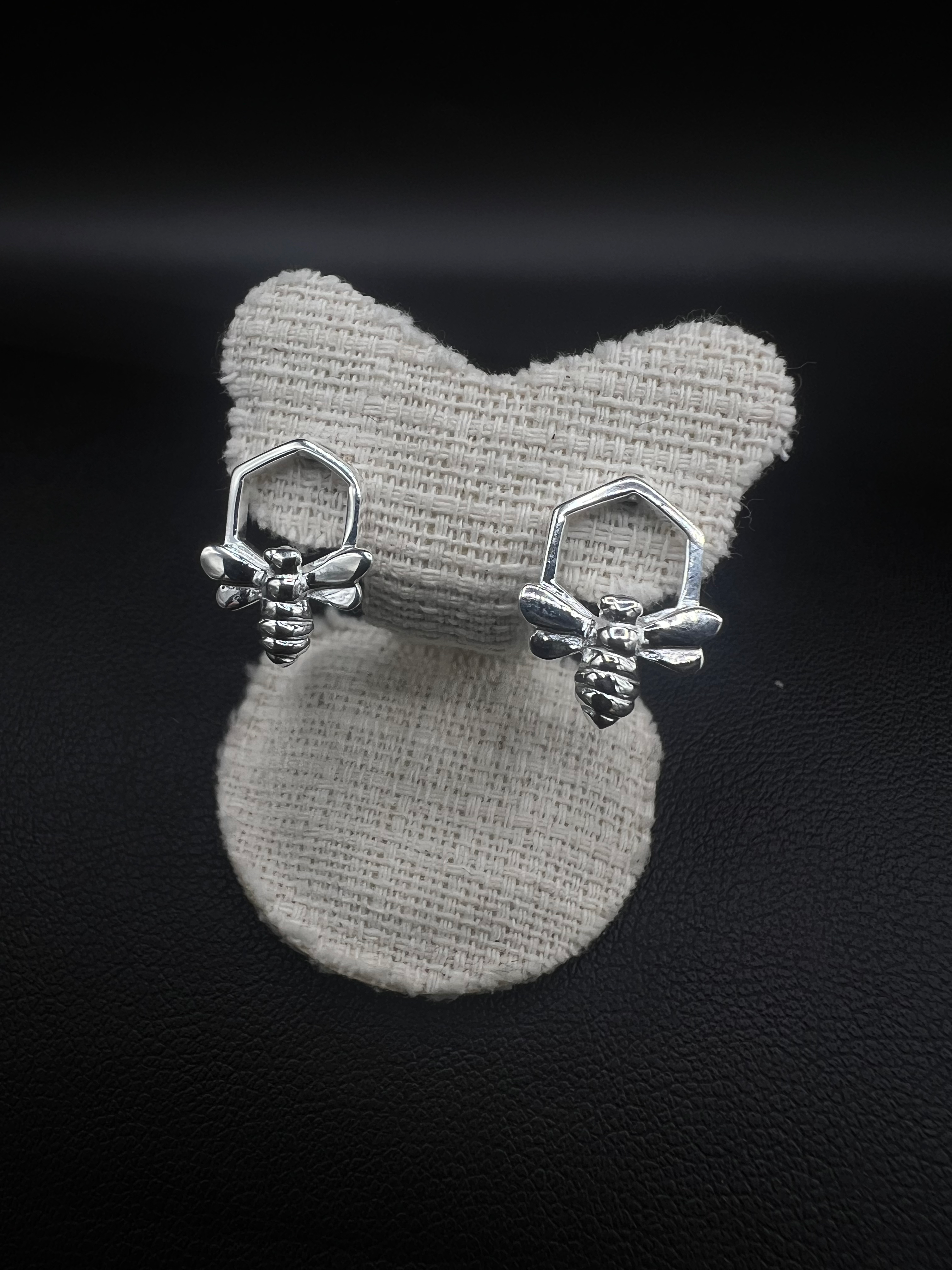 Sterling Silver Bee & Honeycomb Stud Earrings- Nature-Inspired Design