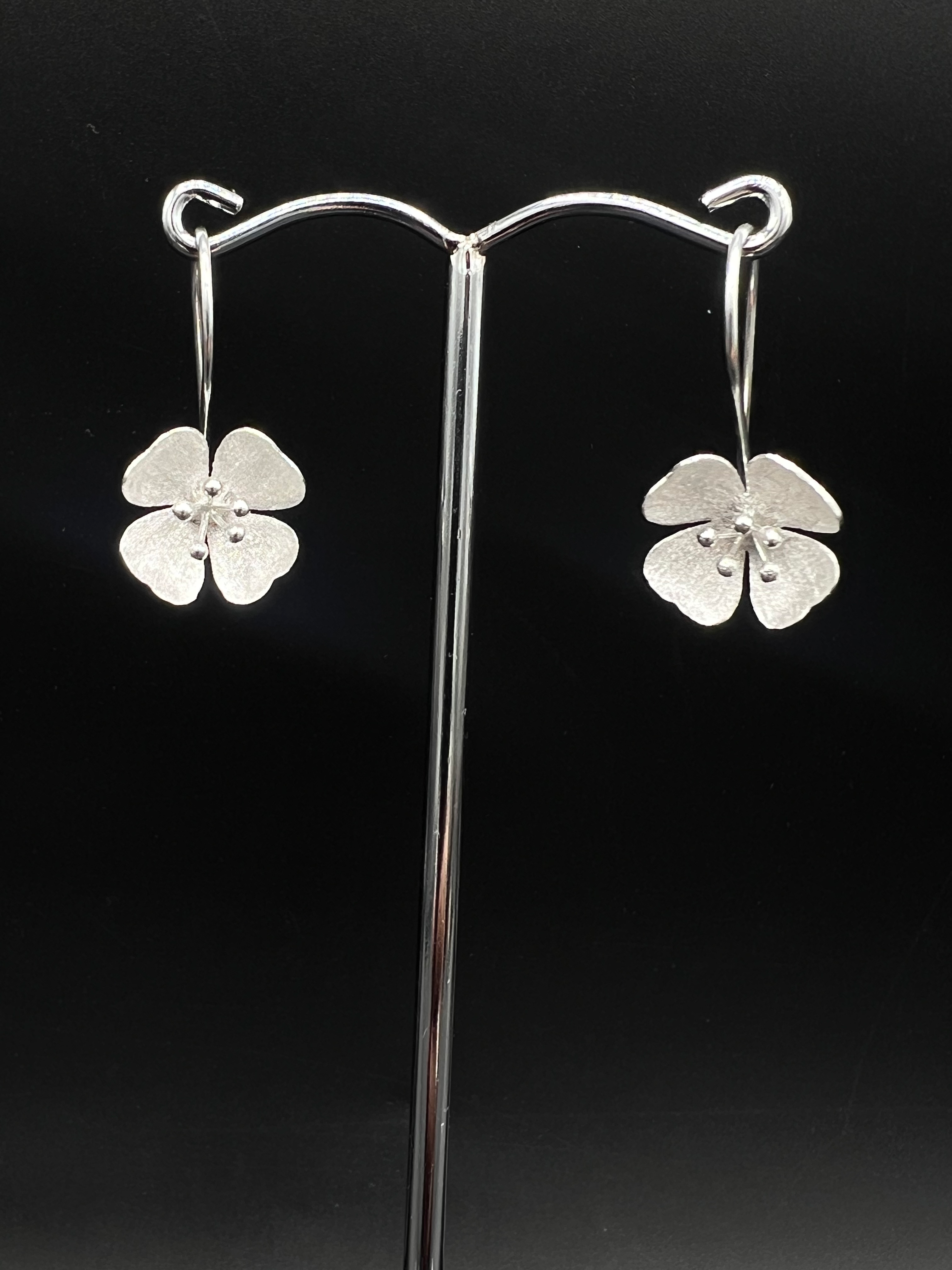 Silver Four-Leaf Clover Dangle Earrings | Simple Good Luck Charm