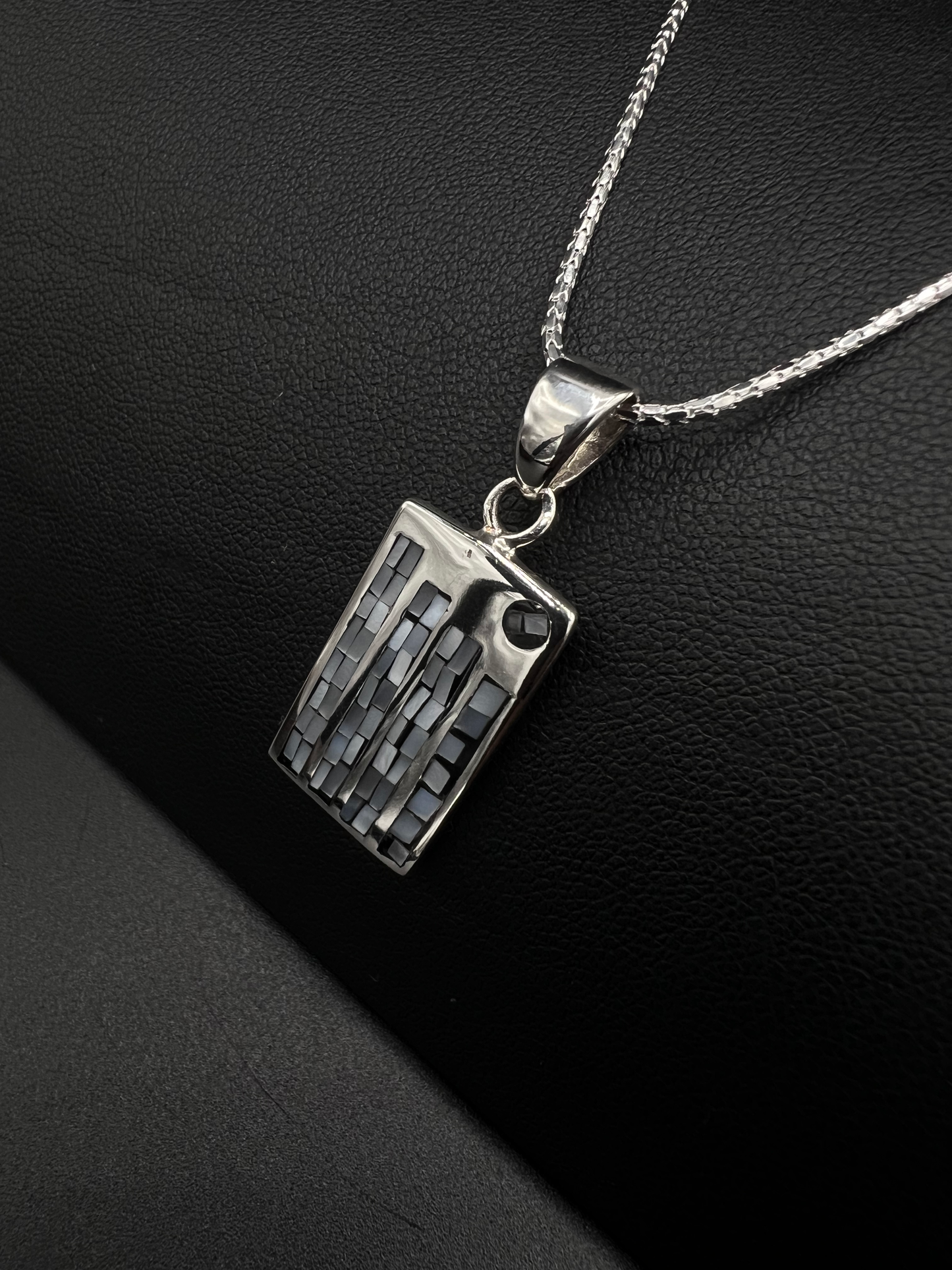 Grey Mosaic Tile Pendant – Modern Silver Necklace