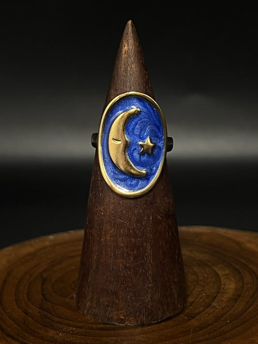 Celestial Moon & Star Stainless Steel Enamel Ring