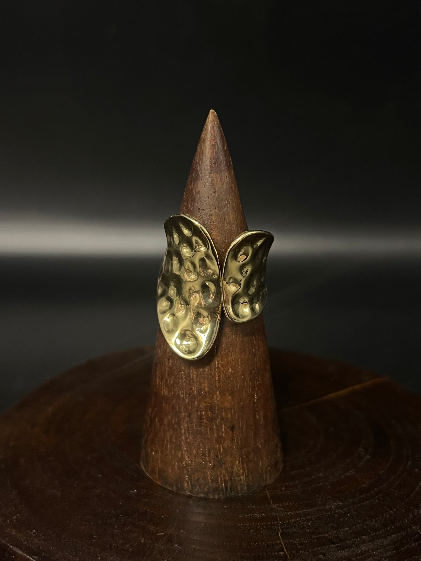 Hammered Brass-Tone Abstract Wing Ring – Textured Statement Band