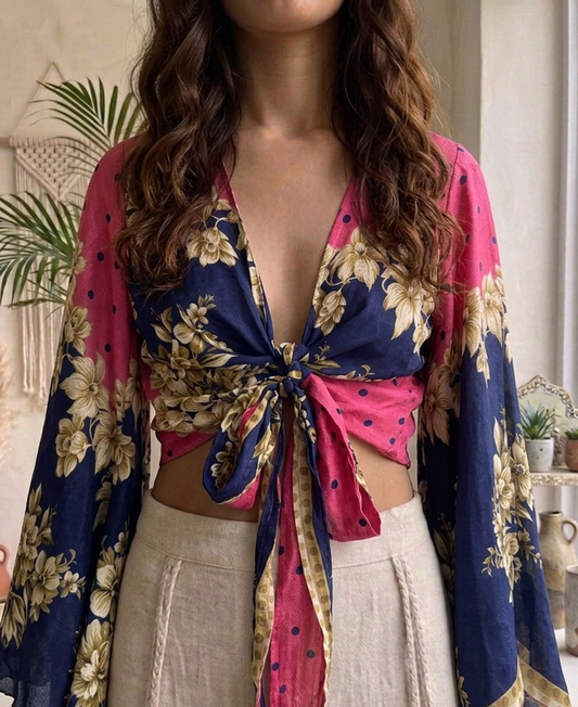 Recycled Silk Sari Bell Sleeve Top - Pink & Navy Floral Polka
