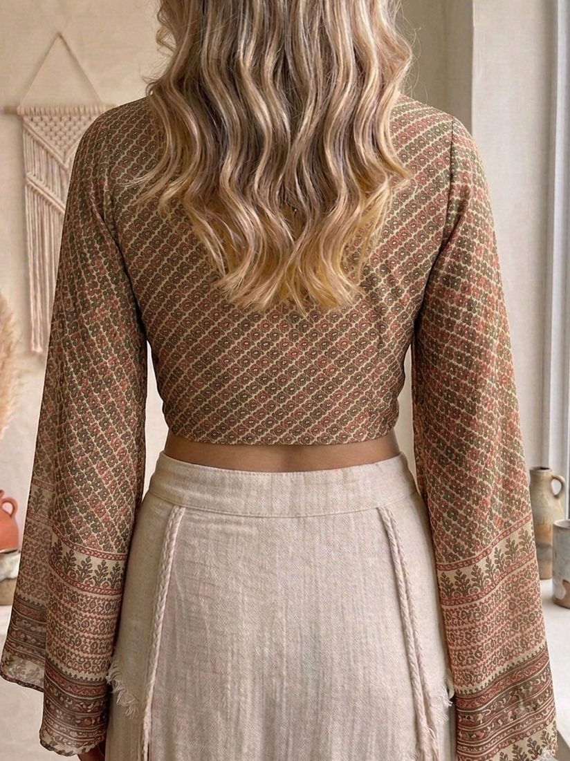 Reversible Recycled Silk Sari Tie-Front Crop Top - Earthy Geometric