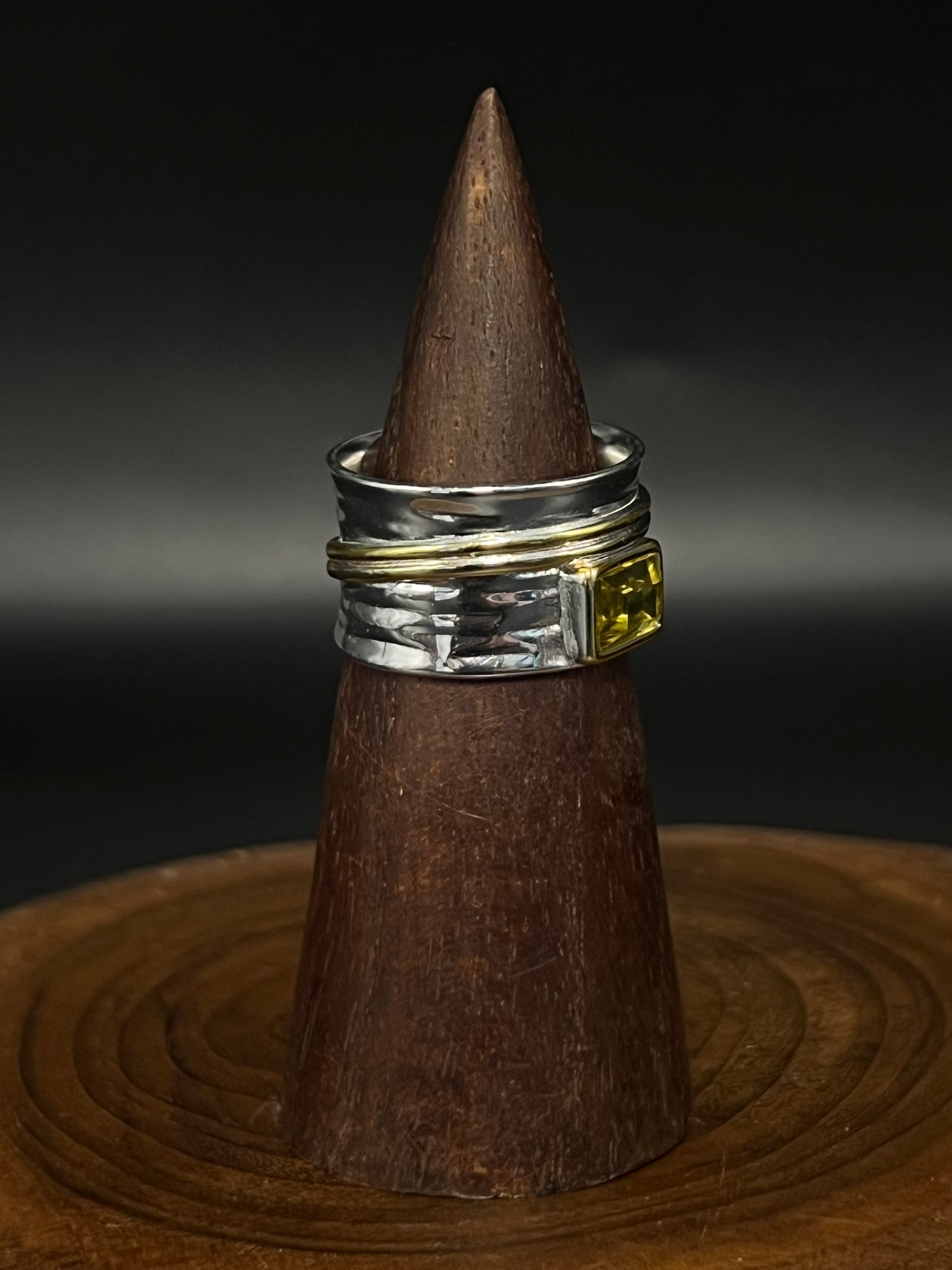 Mixed Metal Hammered Band Ring with Green Zircon