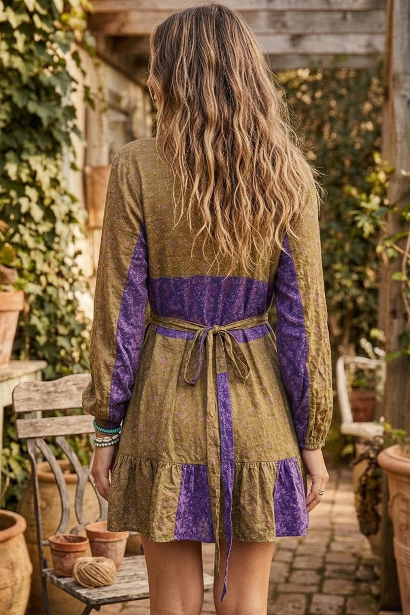 Maya Patchwork Floral Wrap Dress – Olive & Purple Boho Mini Dress