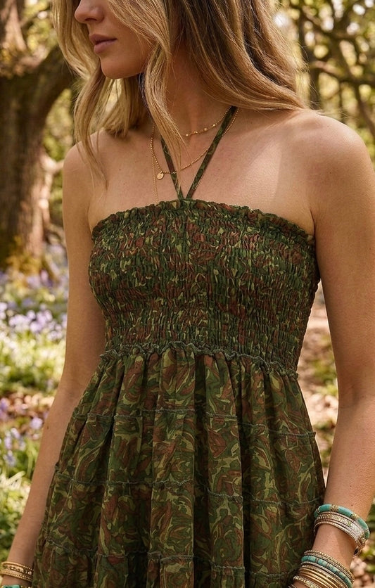 Olive Paisley Shirred Halter Midi Dress – Earthy Camo Print