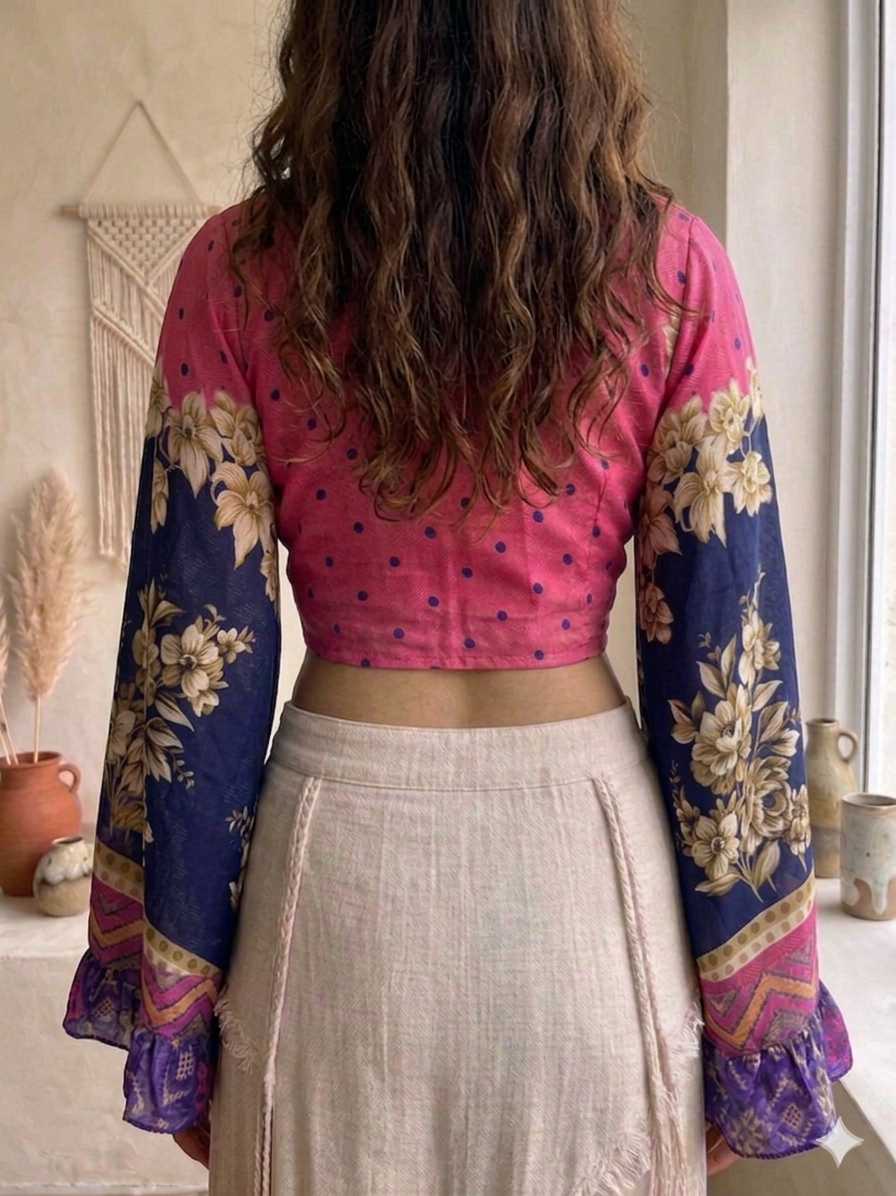 Recycled Silk Sari Bell Sleeve Top - Pink & Navy Floral Polka