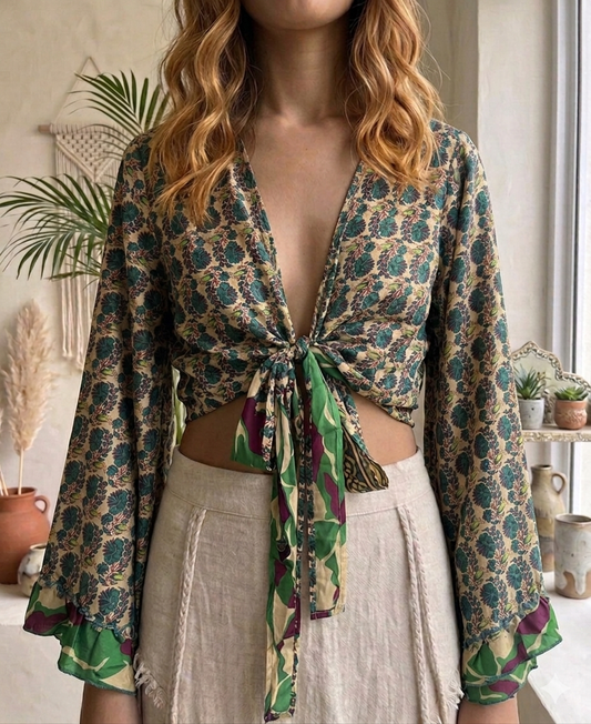 Recycled Silk Sari Tie Top - Botanical Sage Green