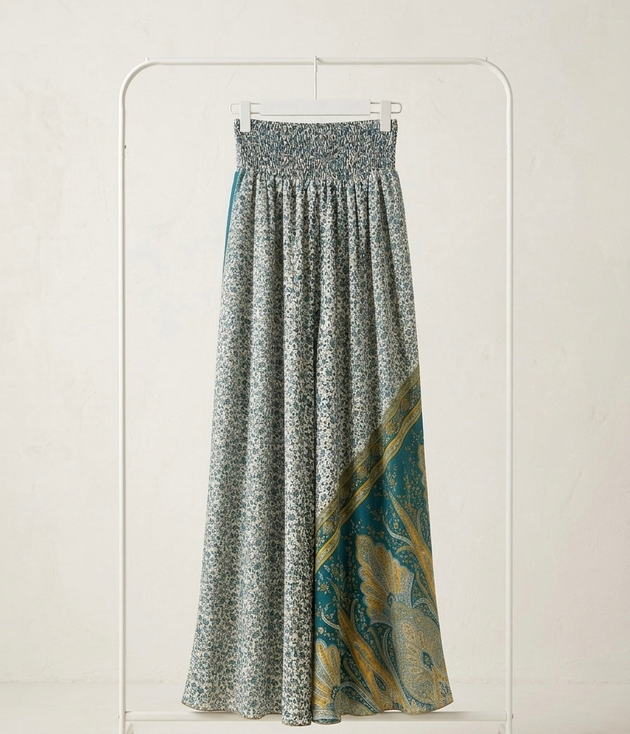 Wide-Leg Boho Pants – Teal Paisley Mixed Floral Trousers