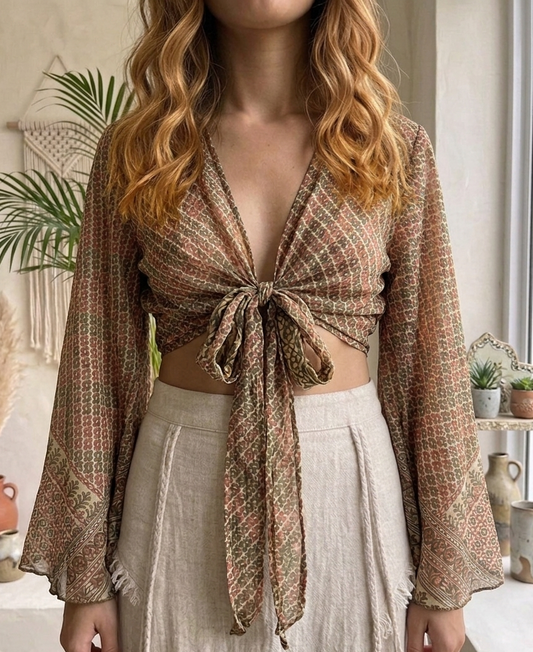 Reversible Recycled Silk Sari Tie-Front Crop Top - Earthy Geometric