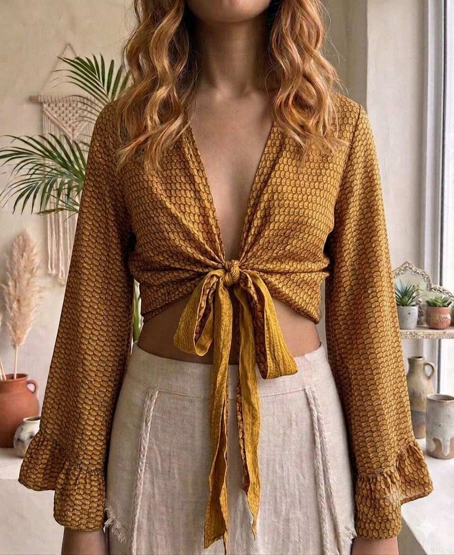Honey 70s Vintage-Style Tie-Front Top with Bell Sleeves