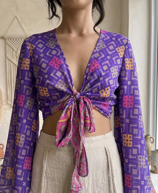 Upcycled Silk Sari Reversible Tie Top - Royal Purple Geometric