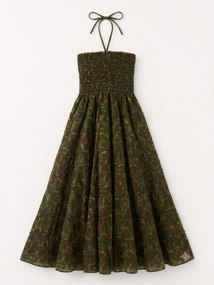 Olive Paisley Shirred Halter Midi Dress – Earthy Camo Print