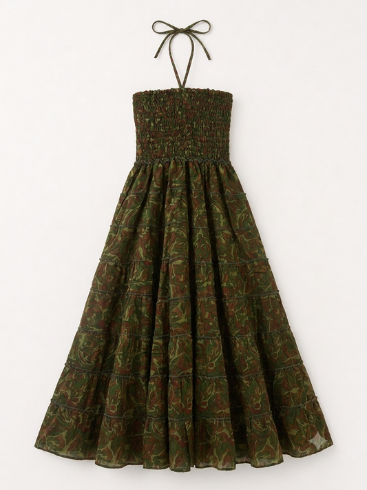 Olive Paisley Shirred Halter Midi Dress – Earthy Camo Print