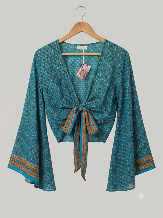 Boho Teal Silk Blend Tie-Front Crop Top | Bell Sleeve Wrap Blouse