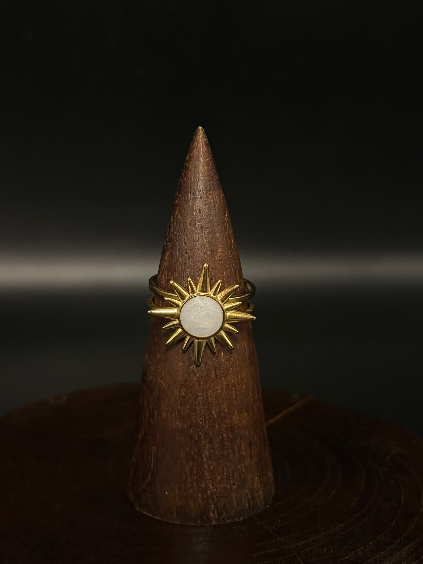 Celestial Sunburst Mother of Pearl Ring – Adjustable Split-Band Statement Ring
