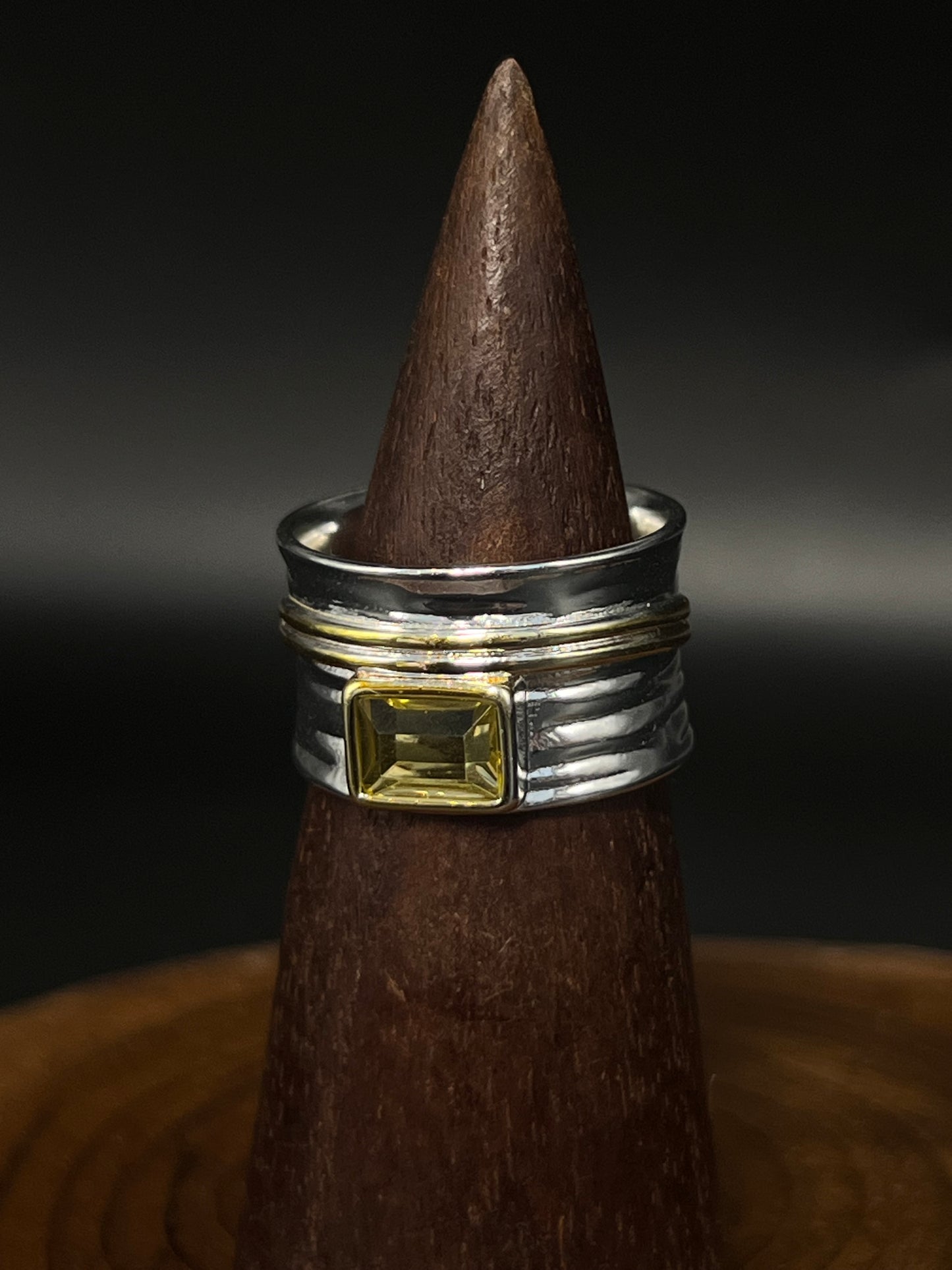 Mixed Metal Hammered Band Ring with Green Zircon