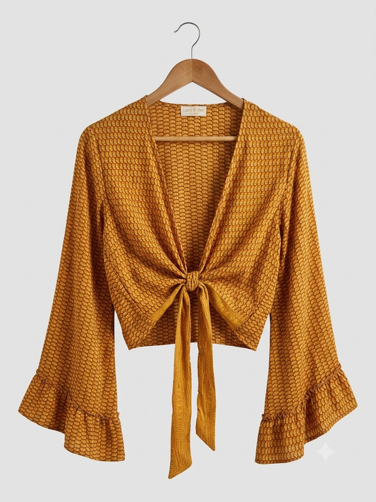 Honey 70s Vintage-Style Tie-Front Top with Bell Sleeves