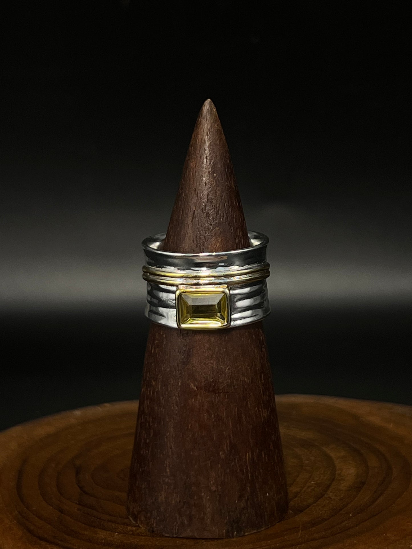 Mixed Metal Hammered Band Ring with Green Zircon