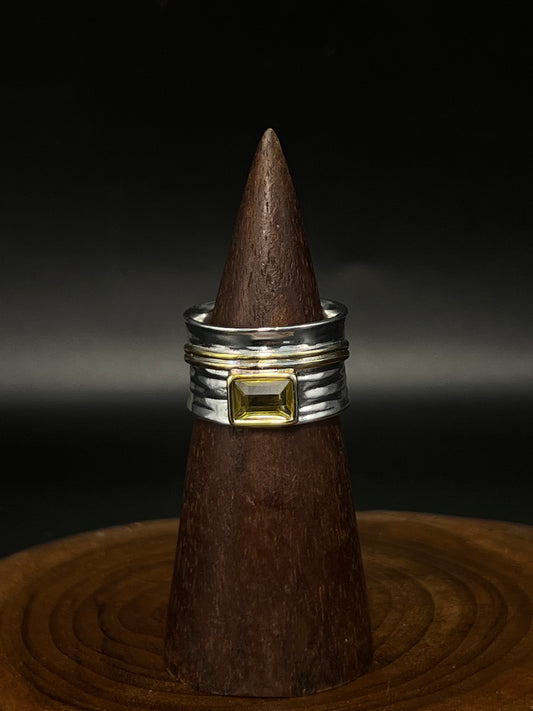 Mixed Metal Hammered Band Ring with Green Zircon