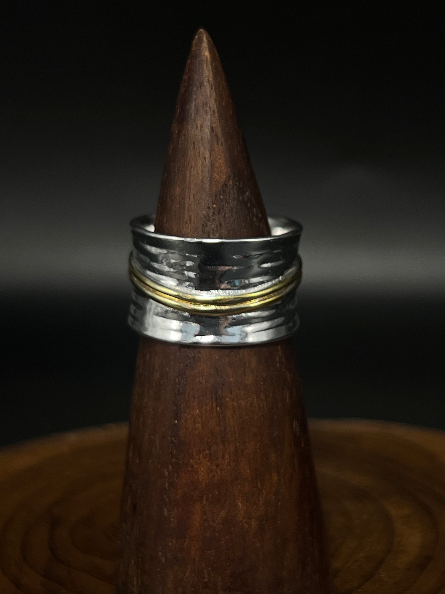 Mixed Metal Hammered Band Ring with Green Zircon