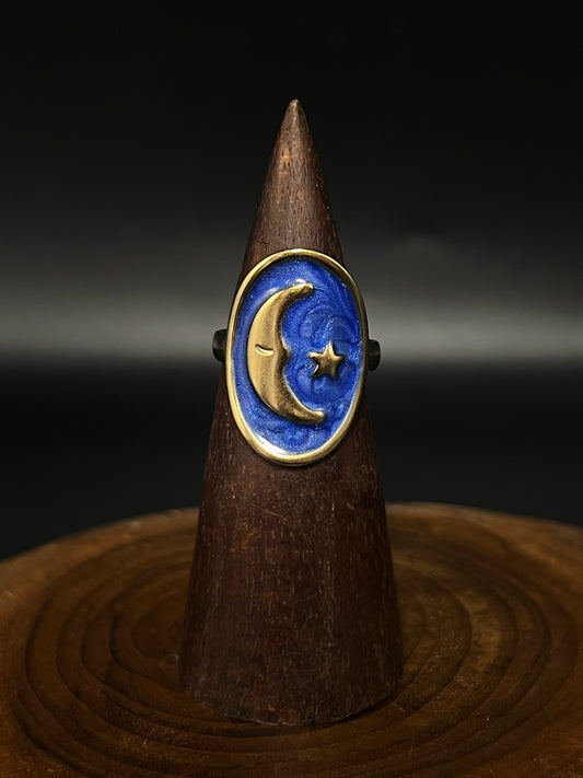 Celestial Moon & Star Stainless Steel Enamel Ring