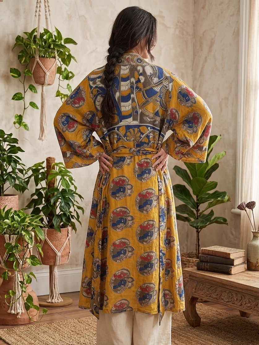 Artisan Printed Kimono Robe in Mustard Yellow