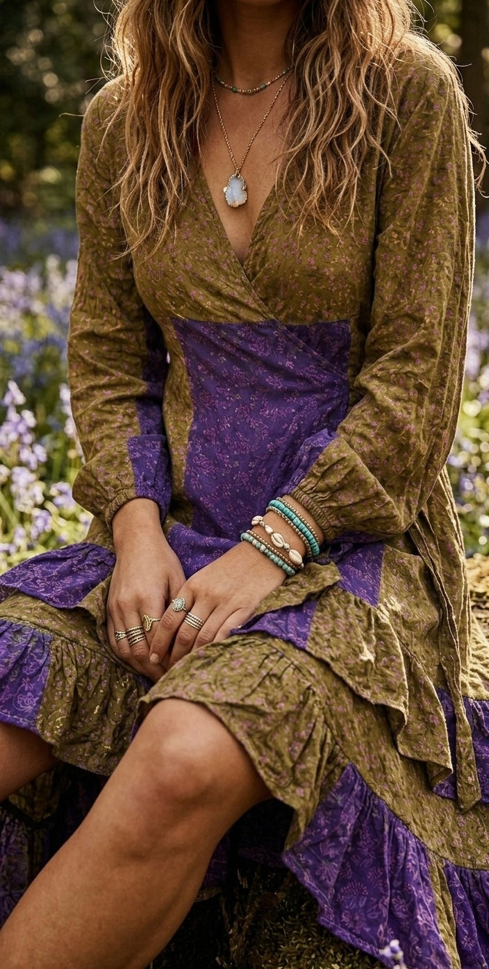 Maya Patchwork Floral Wrap Dress – Olive & Purple Boho Mini Dress