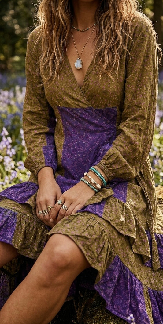 Maya Patchwork Floral Wrap Dress – Olive & Purple Boho Mini Dress