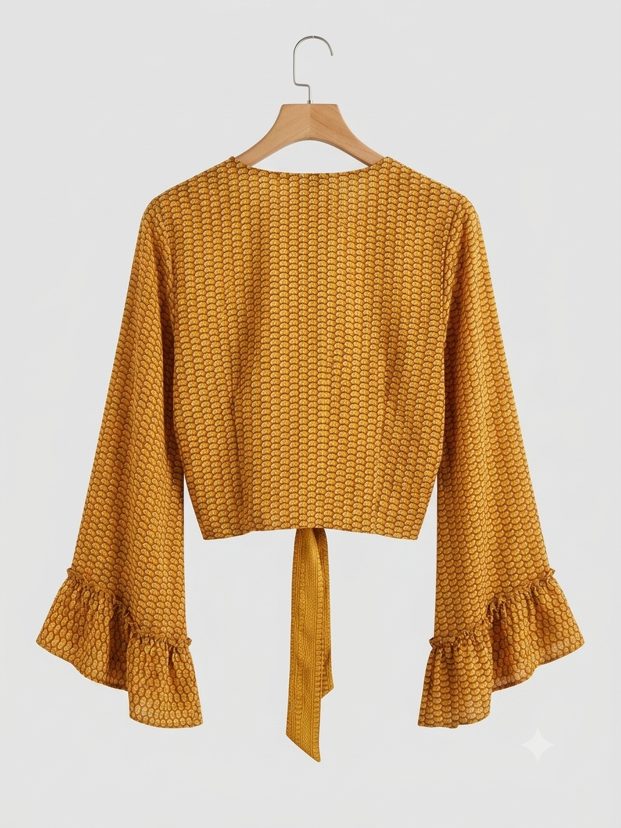 Honey 70s Vintage-Style Tie-Front Top with Bell Sleeves