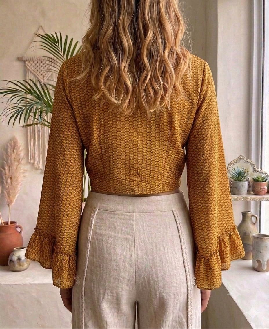 Honey 70s Vintage-Style Tie-Front Top with Bell Sleeves