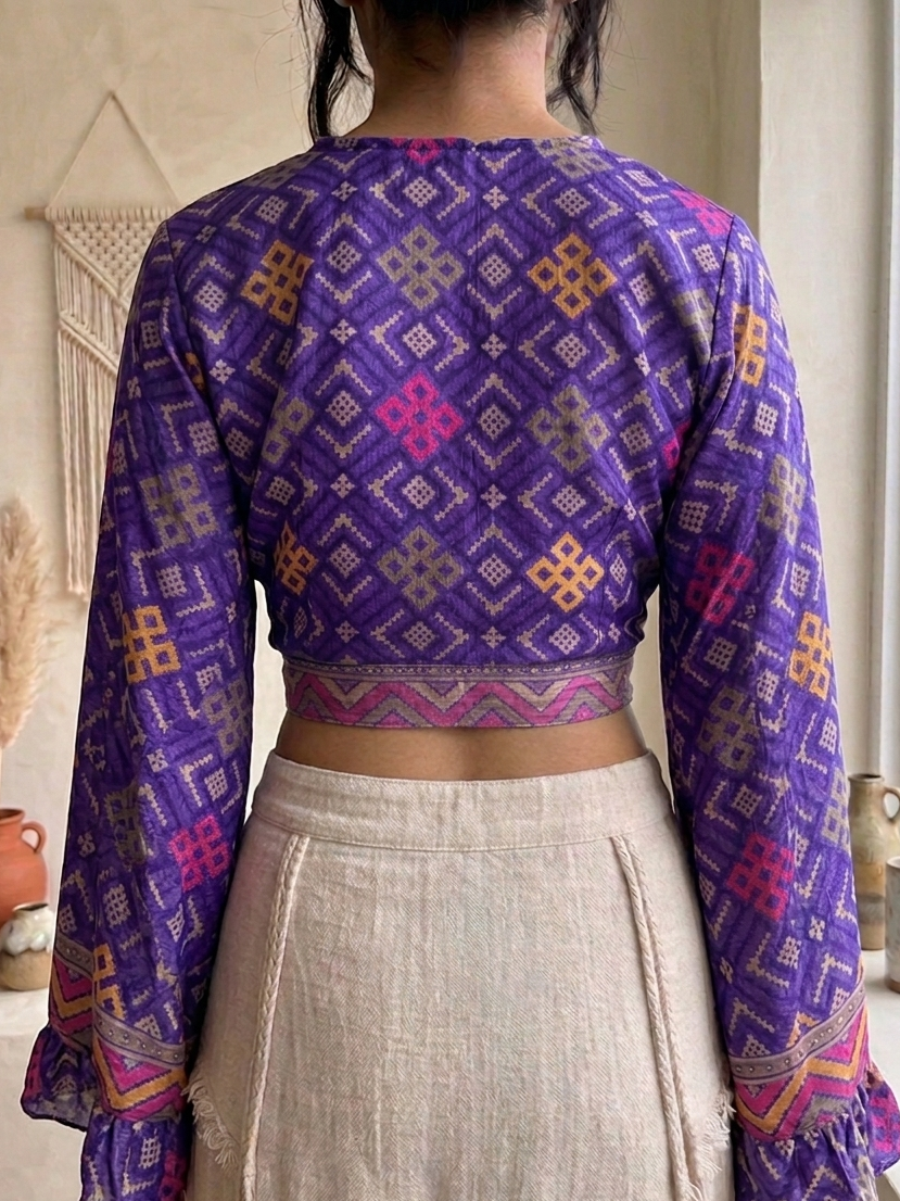 Upcycled Silk Sari Reversible Tie Top - Royal Purple Geometric
