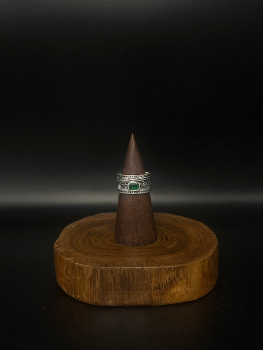 Emerald Isle Filigree Copper Ring- Vintage Green Crystal Band