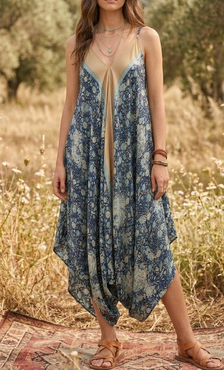 Dream Harem Jumpsuit – Blue Floral Boho Cami Romper